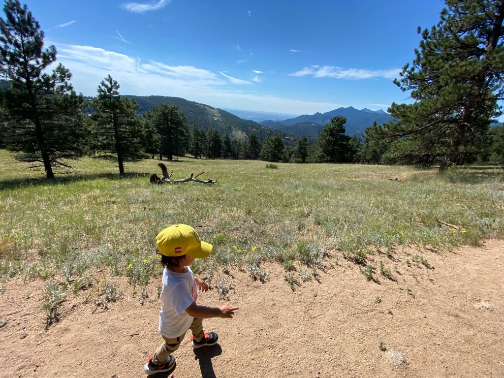 A 2 year old in a bright yellow hat walks along a dirt trail in front of a view of a green field in front of pine trees with mountains in the distance.